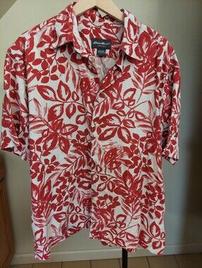 Eddie Bauer Linen Camp Shirt Men L Red Hawaiian Floral  Outdoor Dark Red Cream
